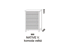 Komoda Native velká, s pěti zásuvkami. Rozměrový nákres. Provedení: masivní smrk. Česká výroba. Čela zásuvek se vyrábí z MDF v různých barvách.