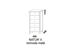 Komoda Natur malá, s pěti zásuvkami. Rozměrový nákres. Provedení: masivní smrk. Kvalitní zpracování. Česká výroba.