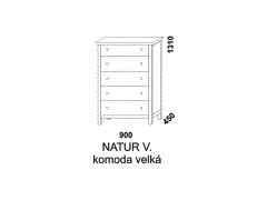 Komoda Natur velká, s pěti zásuvkami. Rozměrový nákres. Provedení: masivní smrk. Kvalitní zpracování. Česká výroba.