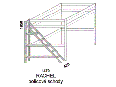 Policové schody Rachel z masivu. Rozměrový nákres. Lze je postavit podél čela i postranice palandy. Provedení: masivní smrk. Vyrobeno v Česku.
