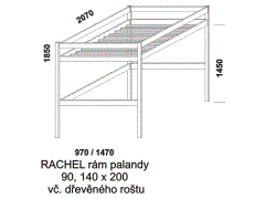 Rám palandy Rachel z masivu. Rozměrový nákres. Provedení: masivní smrk. Součástí palandy je také dřevěný rošt. Vyrobeno v Česku.