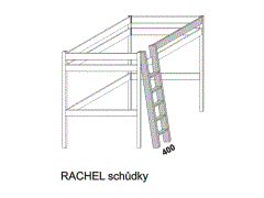 Schůdky Rachel z masivu. Rozměrový nákres. Provedení: masivní smrk. Při montáži lze schůdky umístit na pravou i levou stranu palandy. Vyrobeno v Česku.