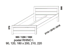 Postel Rhino I z masivu - rozměrový nákres. Provedení: masivní smrk. Kvalitní zpracování. Česká výroba.
