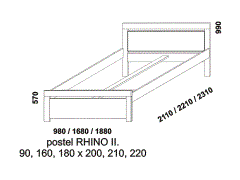 Postel Rhino II z masivu - rozměrový nákres. Provedení: masivní smrk. Kvalitní zpracování. Česká výroba.