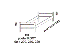 Postel Roxy z masivu - rozměrový nákres. Vhodná nejen do dětského pokoje. Provedení: masivní smrk. Vyrobeno v Česku.