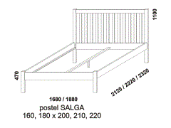 Postel Salga z masivu - rozměrový nákres. Vysoké příčkové čelo u hlavy. Provedení: masivní smrk. Vyrobeno v Česku. Kvalitní zpracování.