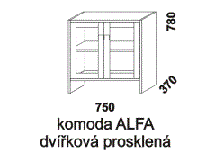 Komoda Sendy Alfa dvířková prosklená z masivu - rozměrový nákres. Provedení: masivní smrk. Vhodná do dětských a studentských pokojů. Různé druhy úchytek.