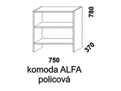 Komoda Sendy Alfa policová z masivu - rozměrový nákres. Provedení: masivní smrk. Vhodná do dětských a studentských pokojů. Vyrobeno v Česku.