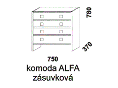 Komoda Sendy Alfa zásuvková z masivu - rozměrový nákres. Provedení: masivní smrk. Vhodná do dětských a studentských pokojů. Česká výroba. Různé druhy úchytek.