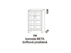 Komoda Sendy Beta dvířková prosklená z masivu - rozměrový nákres. Provedení: masivní smrk. Vhodná do dětských a studentských pokojů. Různé druhy úchytek.