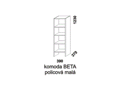 Komoda Sendy Beta policová malá z masivu - rozměrový nákres. Provedení: masivní smrk. Vhodná do dětských a studentských pokojů. Vyrobeno v Česku.