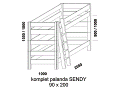 Palanda Sendy z masivu  - rozměrový nákres. Provedení: masivní buk. Palanda je složená ze dvou samostatně využitelných lůžek a spojovacího dílu se schůdky.