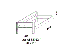 Postel Sendy z masivu  - rozměrový nákres. Vhodná do dětských a studentských pokojů. Vyrobeno v Česku. Provedení: masivní buk.