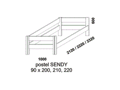 Postel Sendy z masivu  - rozměrový nákres. Vhodná do dětských a studentských pokojů. Vyrobeno v Česku. Provedení: masivní smrk.