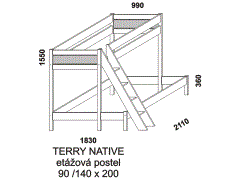 Etážová postel Terry Native. Rozměrový nákres. Provedení: masivní smrk. Výplně čel horního lůžka se vyrábí z MDF v různých barvách. Vyrobeno v Česku.