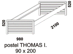 Postel Thomas I z masivu - rozměrový nákres. Provedení: masivní smrk, buk. Vyrobeno v Česku. Vysoká kvalita.