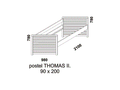 Postel Thomas II z masivu - rozměrový nákres. Provedení: masivní smrk, buk. Vyrobeno v Česku. Vysoká kvalita.