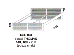 Postel Thomas z masivu - rozměrový nákres. Provedení: masivní smrk. Vyrobeno v Česku. Vysoká kvalita.