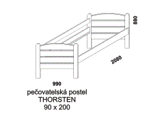 Pečovatelská postel Thorsten z masivu - rozměrový nákres. Zvýšená lehací plocha. Provedení: masivní smrk. Česká výroba.