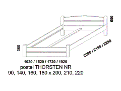 Postel Thorsten z masivu, s nízkým rovným čelem u nohou. Rozměrový nákres. Provedení: masivní smrk. Česká výroba. Kvalitní zpracování.