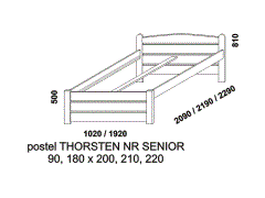 Postel Thorsten Senior z masivu - rozměrový nákres. Nízké rovné čelo u nohou. Zvýšená lehací plocha. Postel vhodná nejen pro seniory. Provedení: masivní smrk.