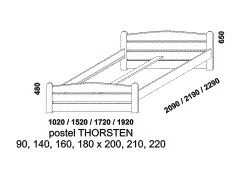 Postel Thorsten z masivu - rozměrový nákres. Provedení: masivní smrk. Vyrobeno v Česku. Vysoká kvalita.