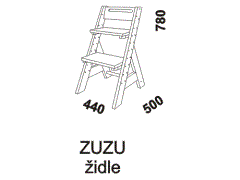 Rostoucí židle Zuzu z masivu - rozměrový nákres. Výškově polohovací sedák i podnožka. Provedení: masivní smrk. Vyrobeno v Česku.
