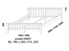 Postel Anny z masivu - rozměrový nákres. Provedení: masivní smrk. Česká výroba. Vysoká kvalita.
