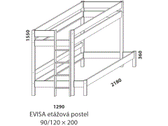 Etážová postel Evisa, masivní smrk, rozměry Etážová postel Evisa. Rozměrový nákres. Provedení: masivní smrk. Vyrobeno v Česku. Při montáži lze schůdky umístit na pravou i levou stranu postele.