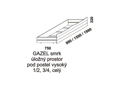 Úložný prostor pod postel vysoký Gazel - rozměrový nákres. Provedení: masivní smrk. Kvalitní zpracování. Český výrobek.