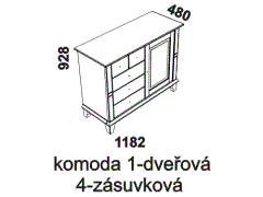 Komoda Georgia 1-dveřová 4-zásuvková - rozměrový nákres. Vhodná do ložnice. Provedení: masivní borovice. Český výrobek. Vysoká kvalita. 