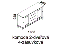 Komoda Georgia 2-dveřová 4-zásuvková - rozměrový nákres. Vhodná do ložnice. Provedení: masivní borovice. Český výrobek. Vysoká kvalita. 