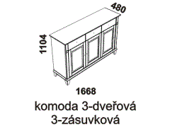 Komoda Georgia 3-dveřová 3-zásuvková - rozměrový nákres. Vhodná do ložnice. Provedení: masivní borovice. Český výrobek. Vysoká kvalita. 