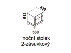 Noční stolek Georgia 2-zásuvkový - rozměrový nákres. Vhodný do ložnice. Provedení: masivní borovice. Český výrobek. Vysoká kvalita. 