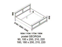 Postel Georgia - rozměrový nákres. Provedení: masivní borovice. Český výrobek. Kvalitní zpracování.
