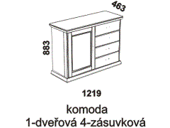 Komoda Piano 1-dveřová 4-zásuvková - rozměrový nákres. Vhodná do ložnice. Provedení: dub. Vyrobeno v Česku. Kvalitní zpracování. 