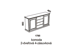 Komoda Piano 2-dveřová 4-zásuvková - rozměrový nákres. Vhodná do ložnice. Provedení: dub. Vyrobeno v Česku. Kvalitní zpracování. 