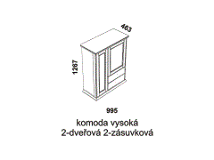 Komoda Piano vysoká 2-dveřová 2-zásuvková - rozměrový nákres. Vhodná do ložnice. Provedení: dub. Vyrobeno v Česku. Kvalitní zpracování. 