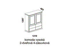 Komoda Piano vysoká 2-dveřová 4-zásuvková - rozměrový nákres. Vhodná do ložnice. Provedení: dub. Vyrobeno v Česku. Kvalitní zpracování. 