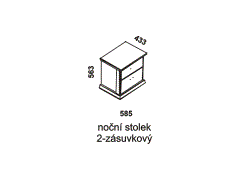Noční stolek Piano 2-zásuvkový - rozměrový nákres. Vhodný do ložnice. Provedení: dub. Vyrobeno v Česku. Kvalitní zpracování. 