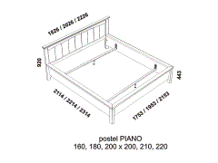 Postel Piano - rozměrový nákres. Český výrobek. Provedení: dub. Vysoká kvalita. 