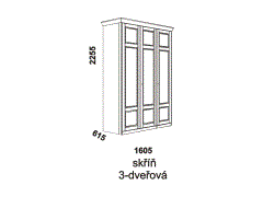 Skříň Piano 3-dveřová - rozměrový nákres. Vhodná do ložnice. Provedení: dub. Český výrobek. Kvalitní zpracování. 