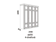 Skříň Piano 4-dveřová - rozměrový nákres. Vhodná do ložnice. Provedení: dub. Český výrobek. Kvalitní zpracování. 