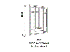 Skříň Piano 4-dveřová 2-zásuvková - rozměrový nákres. Vhodná do ložnice. Provedení: dub. Český výrobek. Kvalitní zpracování. 