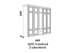 Skříň Piano 5-dveřová 2-zásuvková - rozměrový nákres. Vhodná do ložnice. Provedení: dub. Český výrobek. Kvalitní zpracování. 