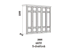 Skříň Piano 5-dveřová - rozměrový nákres. Vhodná do ložnice. Provedení: dub. Český výrobek. Kvalitní zpracování. 