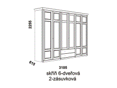 Skříň Piano 6-dveřová 2-zásuvková - rozměrový nákres. Vhodná do ložnice. Provedení: dub. Český výrobek. Kvalitní zpracování. 