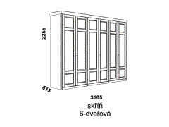 Skříň Piano 6-dveřová - rozměrový nákres. Vhodná do ložnice. Provedení: dub. Český výrobek. Kvalitní zpracování. 