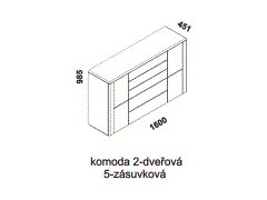 Komoda Keros 2-dveřová 5-zásuvková - rozměrový nákres. Vhodná do ložnice. Provedení: masivní dub. Český výrobek. Vysoká kvalita. 
