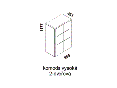 Komoda Keros vysoká 2-dveřová - rozměrový nákres. Vhodná do ložnice. Provedení: masivní dub. Český výrobek. Vysoká kvalita. 